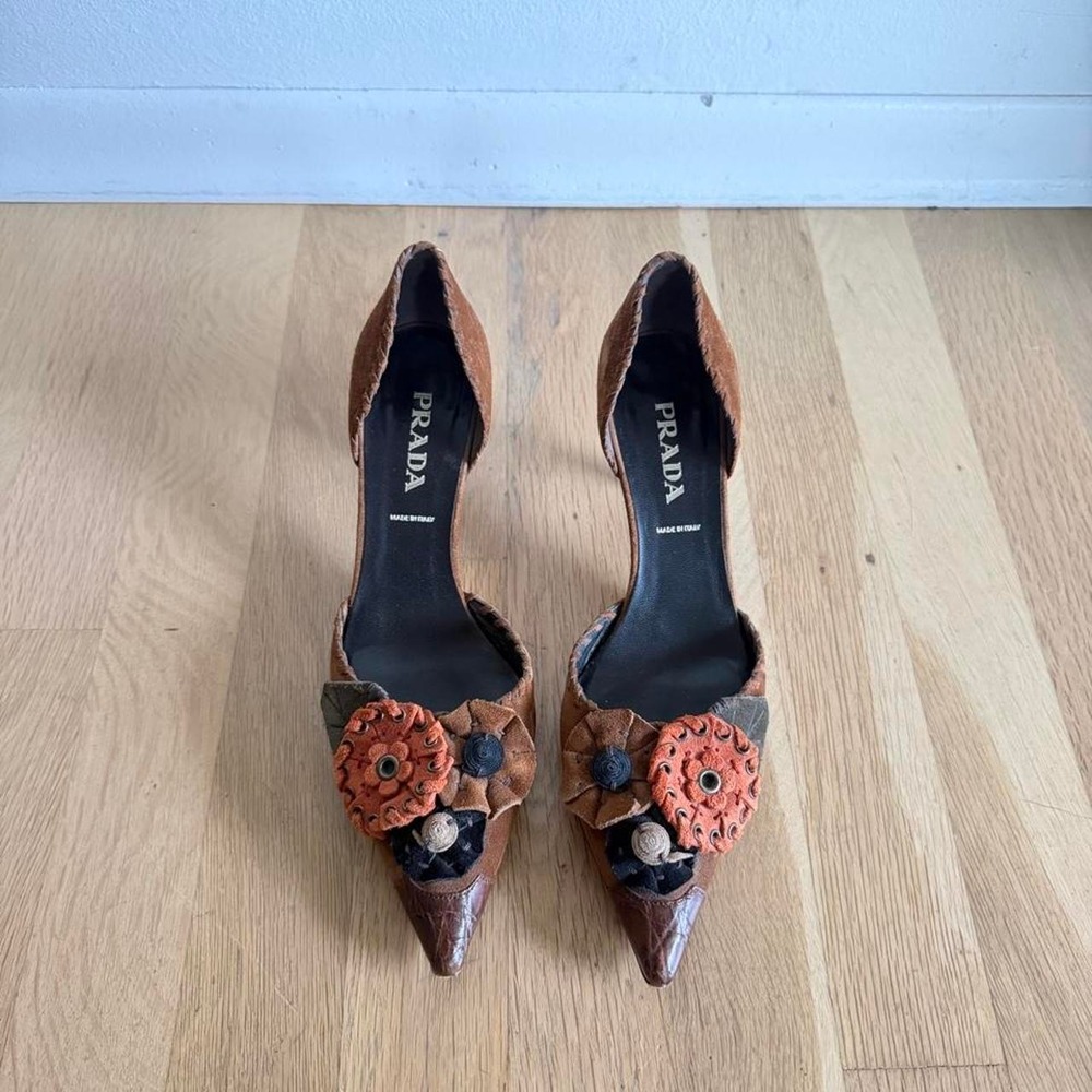 Prada Brown Whimsygoth Suede Kitten Heels with orange floral embellishments